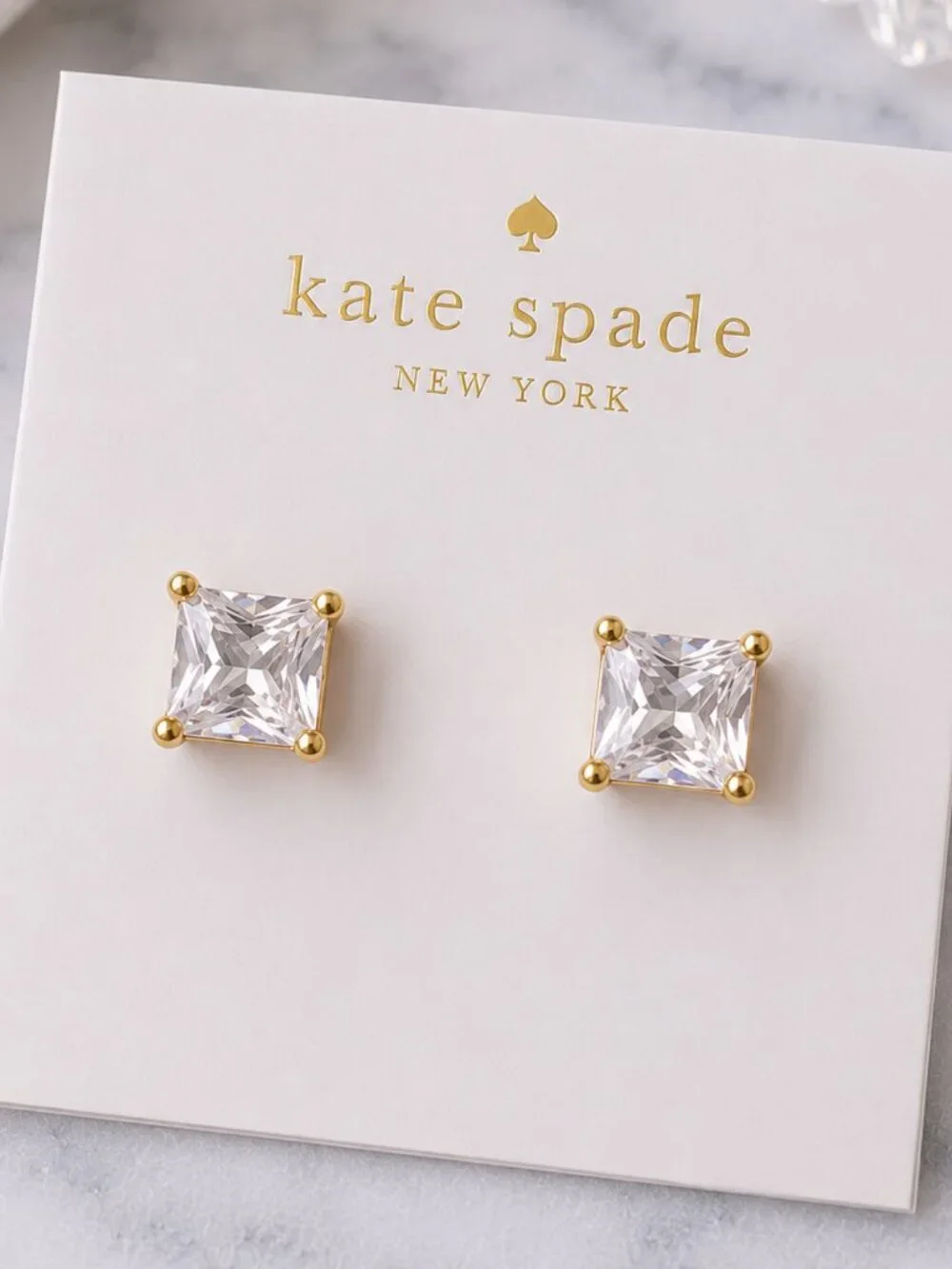 Kate Spade Princess Cut Crystal Stud Earrings Gold Tone Classic Earrings